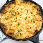 Leftover Roast Beef Shepherd's Pie in a cast iron dish.