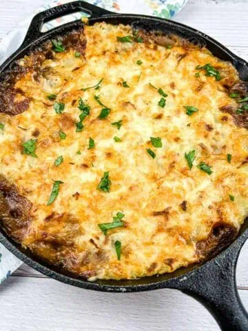 Leftover Roast Beef Shepherd's Pie in a cast iron dish.