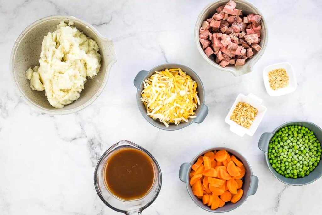 Ingredients to make Leftover Roast Beef Shepherd's Pie.