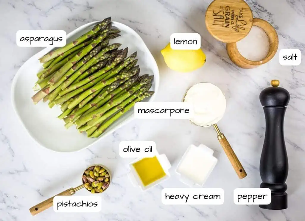 Labeled ingredients to make Oven Roasted Asparagus with Mascarpone.