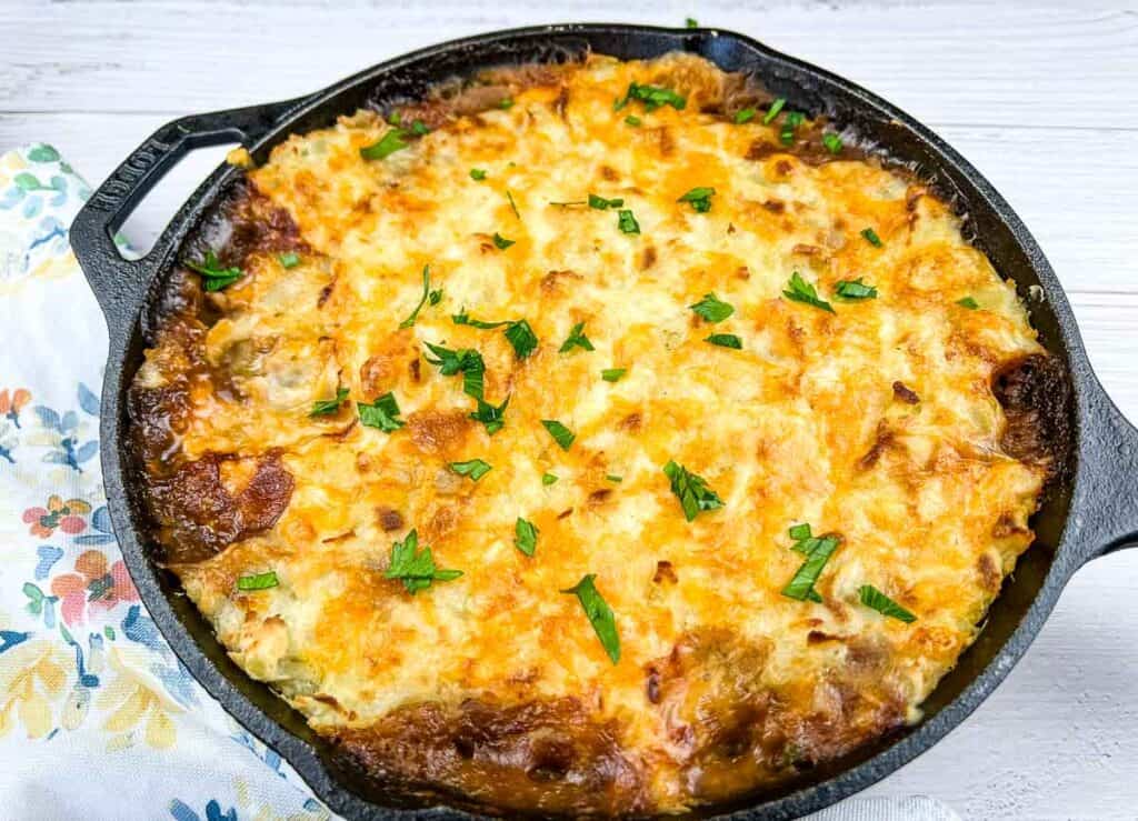 Leftover Roast Beef Shepherd's Pie in a baking dish.