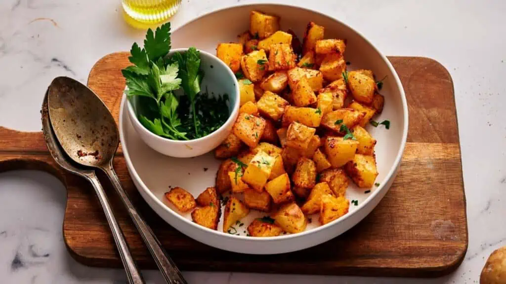 Breakfast potatoes in a serving bowl on a wooden chopping board.