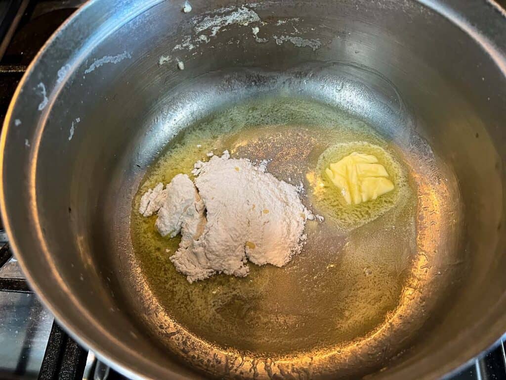 Melted butter and flour in a saucepan.