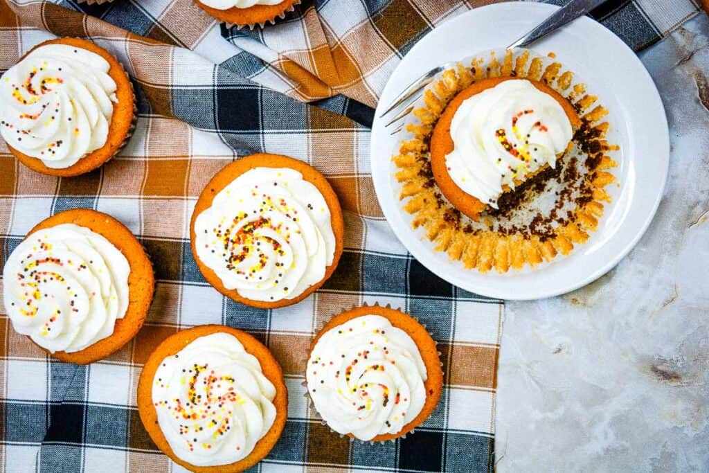 Finished Fall Brownie Cupcakes on a cloth.
