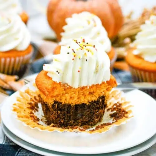 Pumpkin cupcakes on a plate with whipped cream.