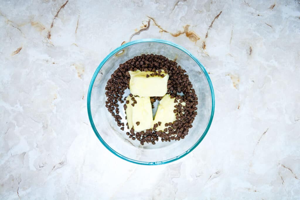 Melting butter and chocolate chips in a bowl.