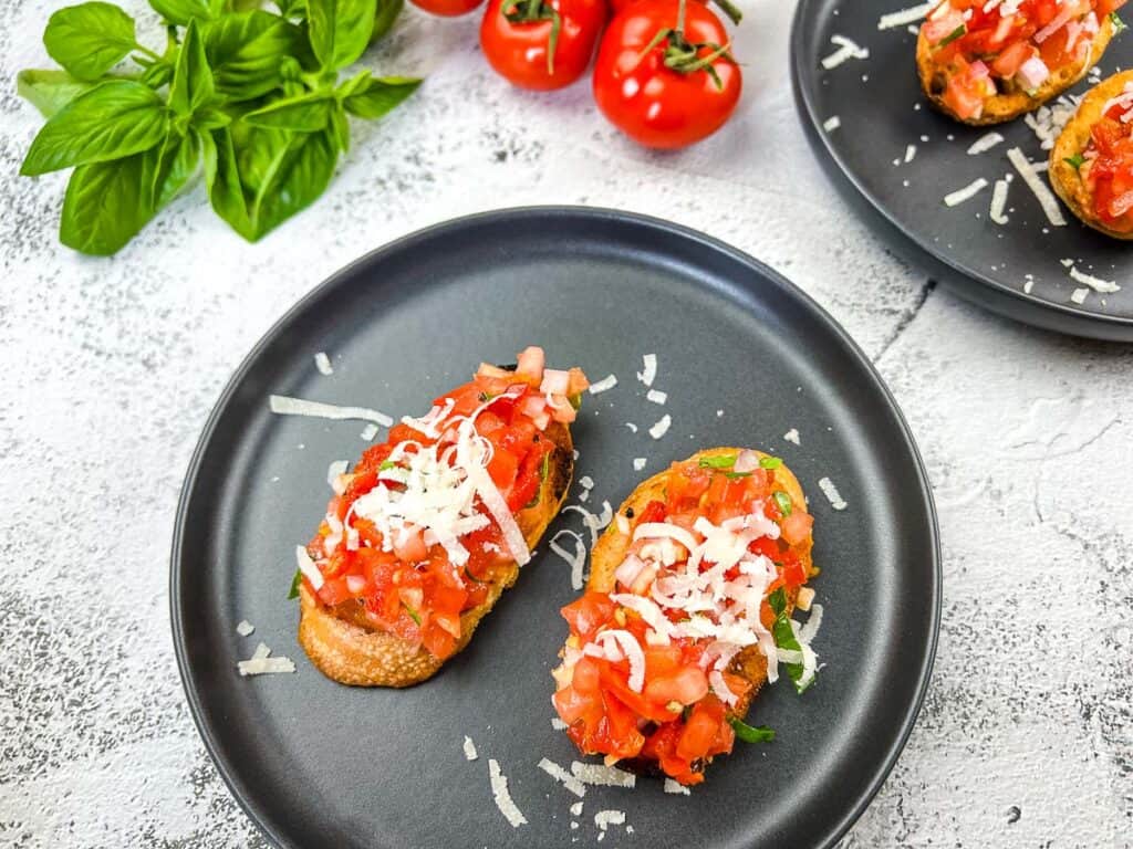 A finished shot of classic tomato bruschetta.