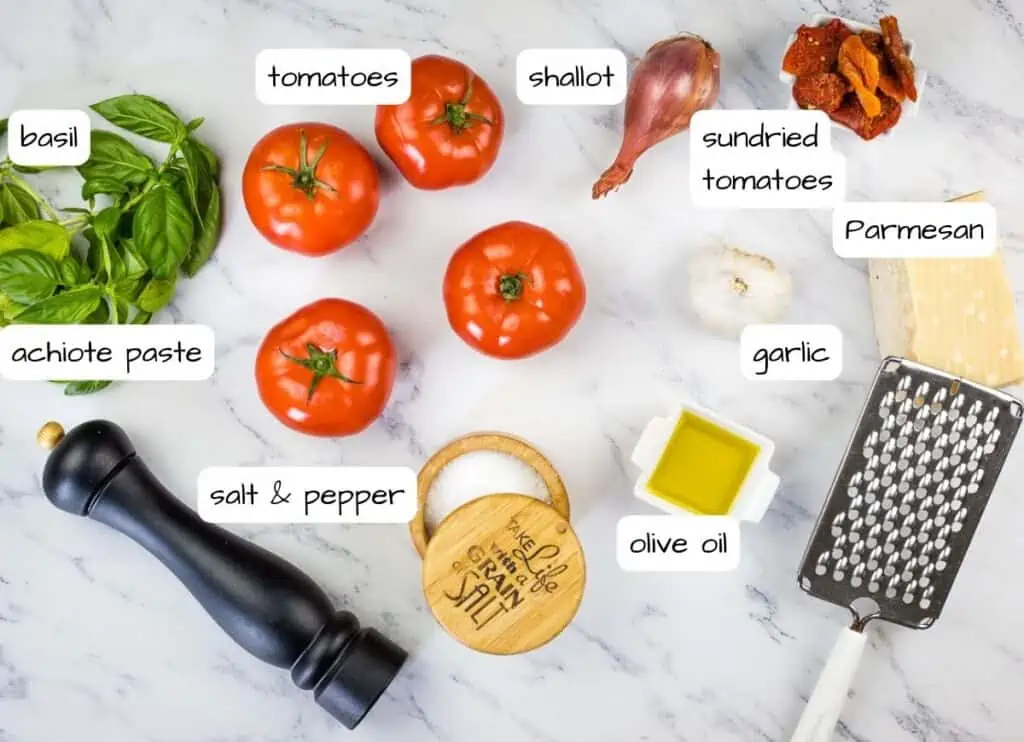 Labeled ingredients to make tomato bruschetta.