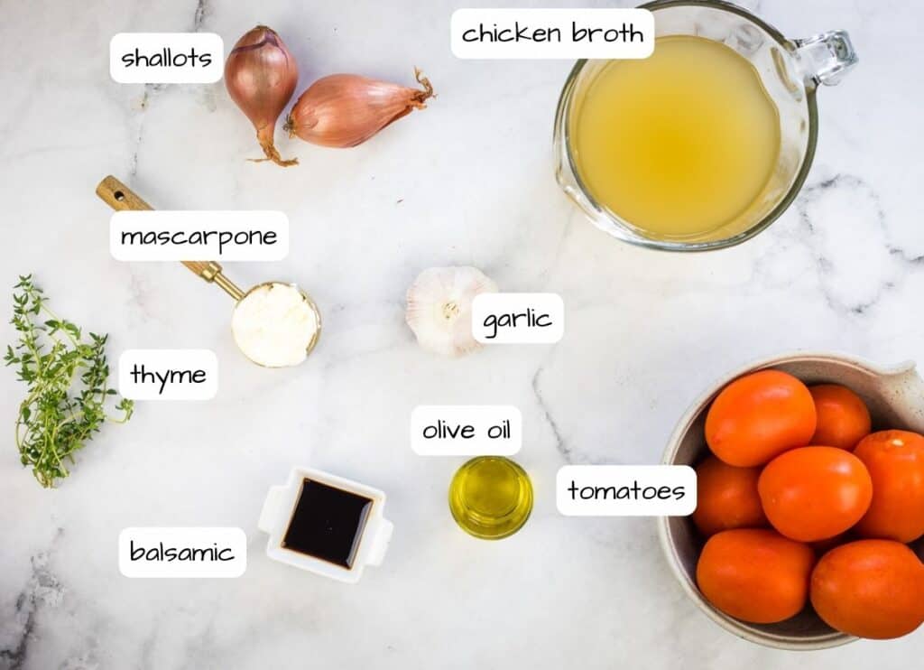 Labeled ingredients to make Smoked Tomato Soup with Mascarpone.