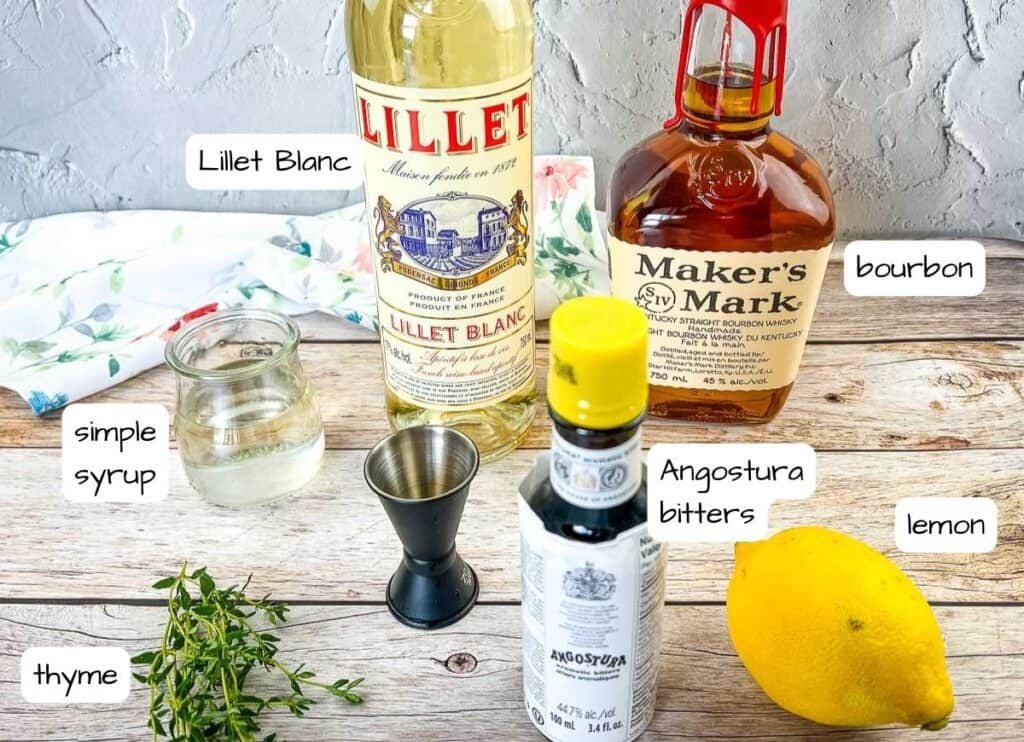 Labeled ingredients to make Sunday in the Park cocktail.