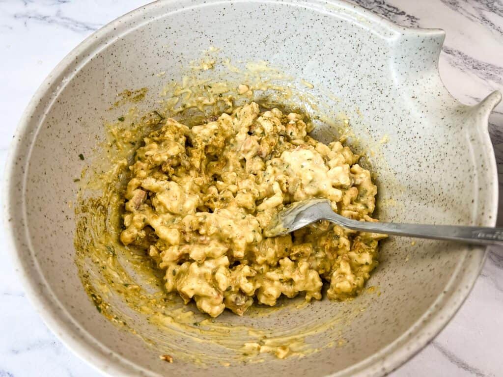 Mixed soup and stuffing in a bowl.