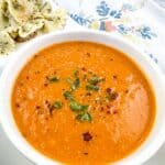 Smoked Tomato Soup in a white soup bowl.