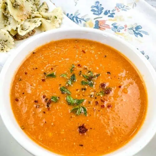 Smoked Tomato Soup in a white soup bowl.