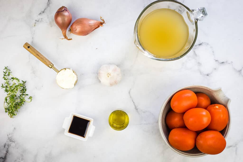 Ingredients to make Smoked Tomato Soup with Mascarpone.