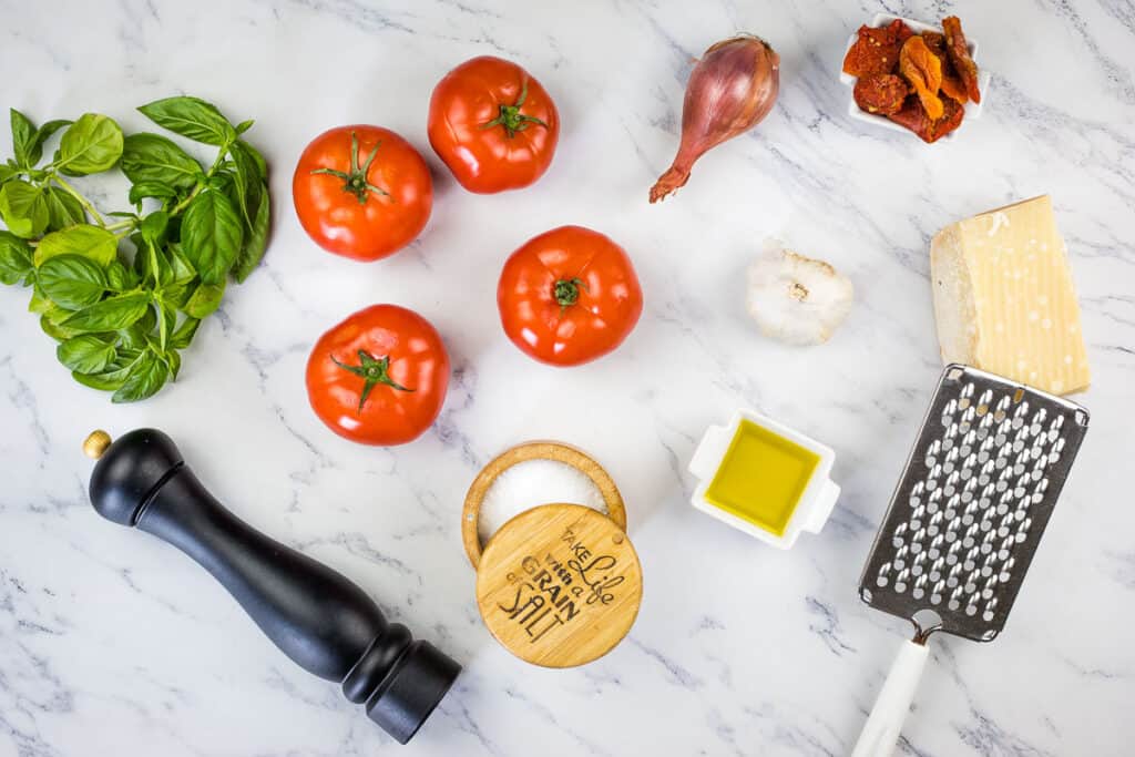Ingredients to make Tomato bruschetta.