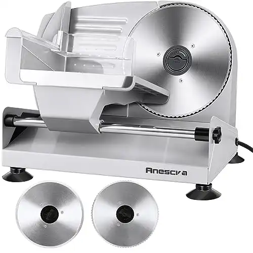 Meat Slicer, Anescra 200W Electric Deli Food Slicer with Two Removable 7.5’’ Stainless Steel Blades and Food Carriage, 0-15mm Adjustable Thickness Meat Slicer for Home, Food Slicer Machine- Silver