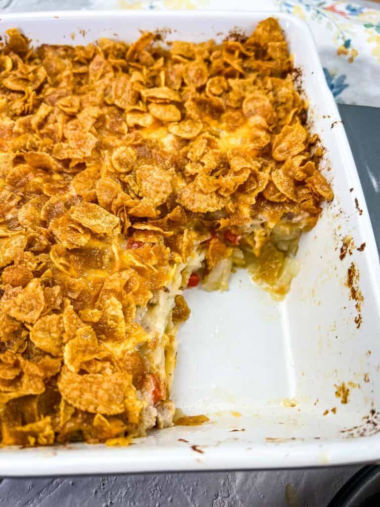 Eggless breakfast casserole with a scoop out of it.