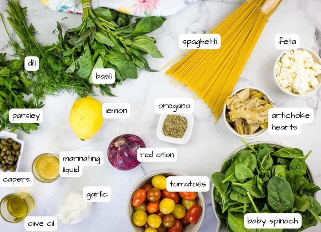 Labeled ingredients to make Greek Spaghetti.