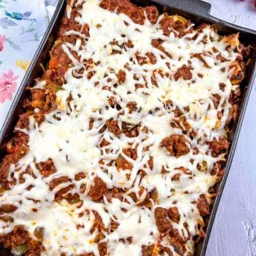 Million Dollar Spaghetti filled with meat and cheese.