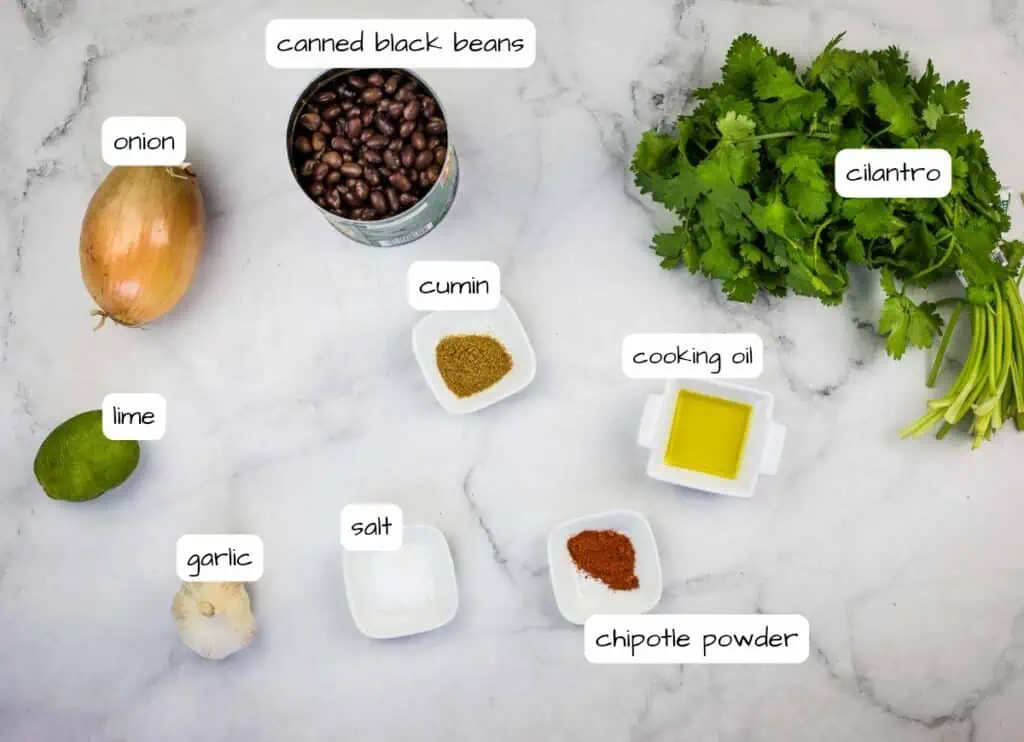 Ingredients for a recipe for black beans and cilantro.