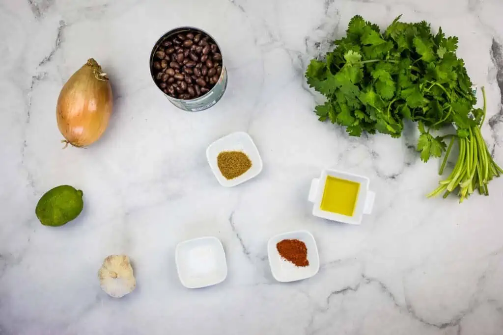 Ingredients for a recipe for chile relleno on a marble table.