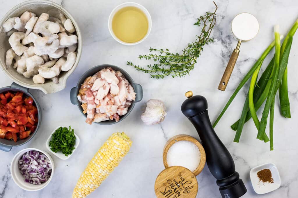 Ingredients to make the shrimp gravy on a counter.
