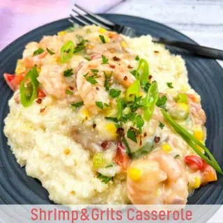 Shrimp and grits casserole on a plate.