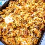 A casserole dish filled with pasta and cheese.