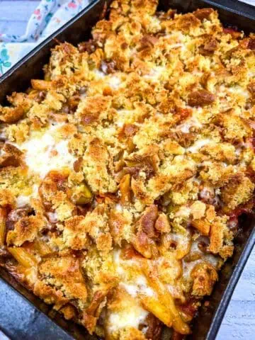 A casserole dish filled with pasta and cheese.