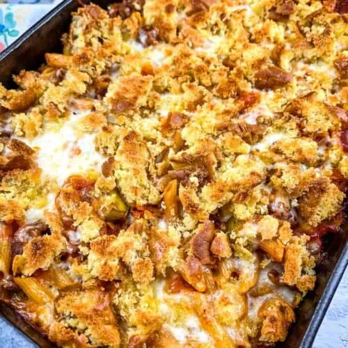 A casserole dish filled with pasta and cheese.