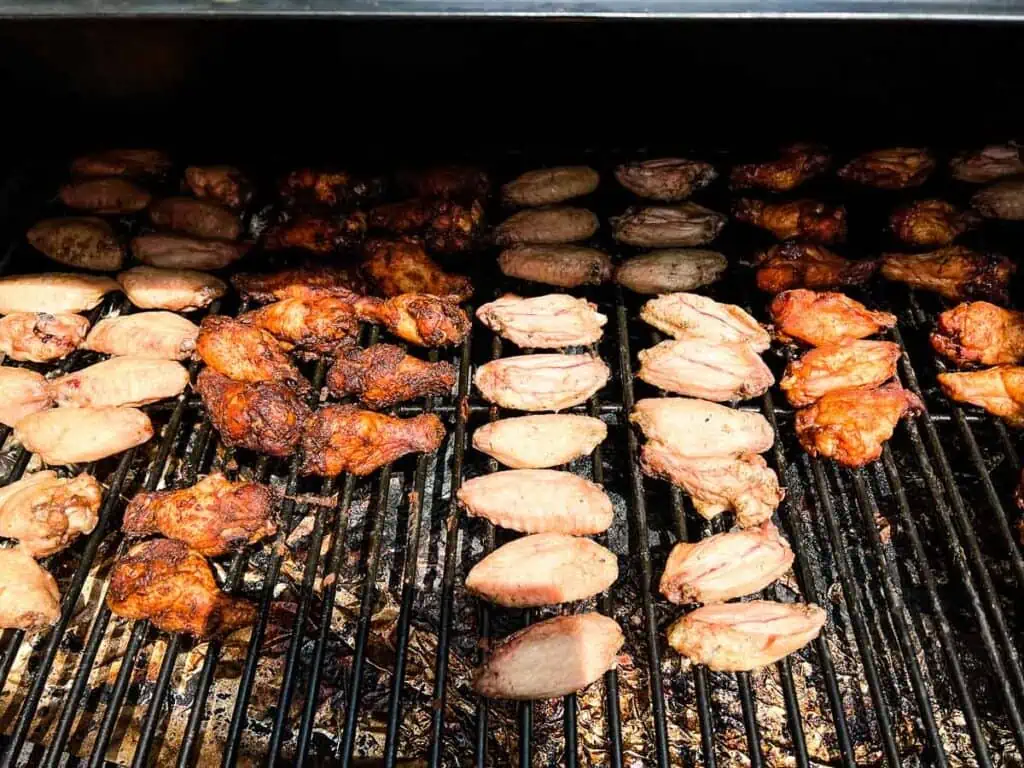 Chicken wings on a smoker.