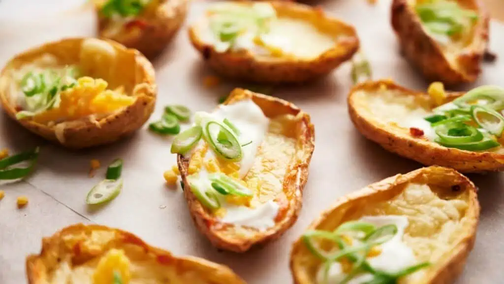 Baked potato bites with sour cream and green onions.