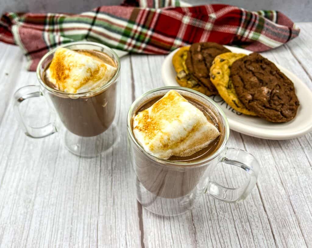 Two glasses of hot chocolate with marshmallows and cookies.