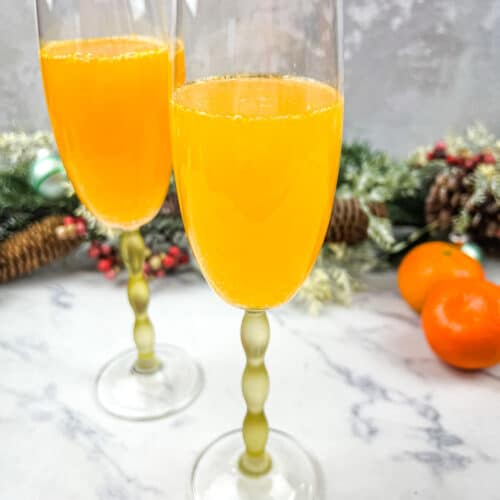 Two glasses filled with orange juice and cranberries.