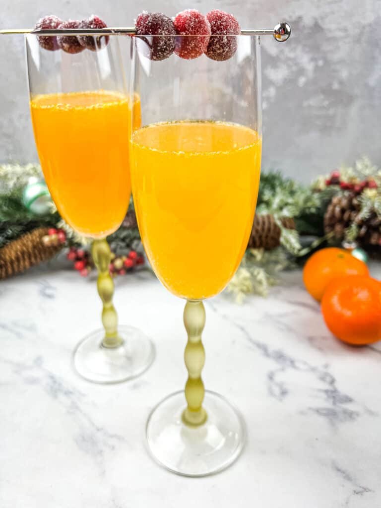 Two glasses filled with orange juice and cranberries.