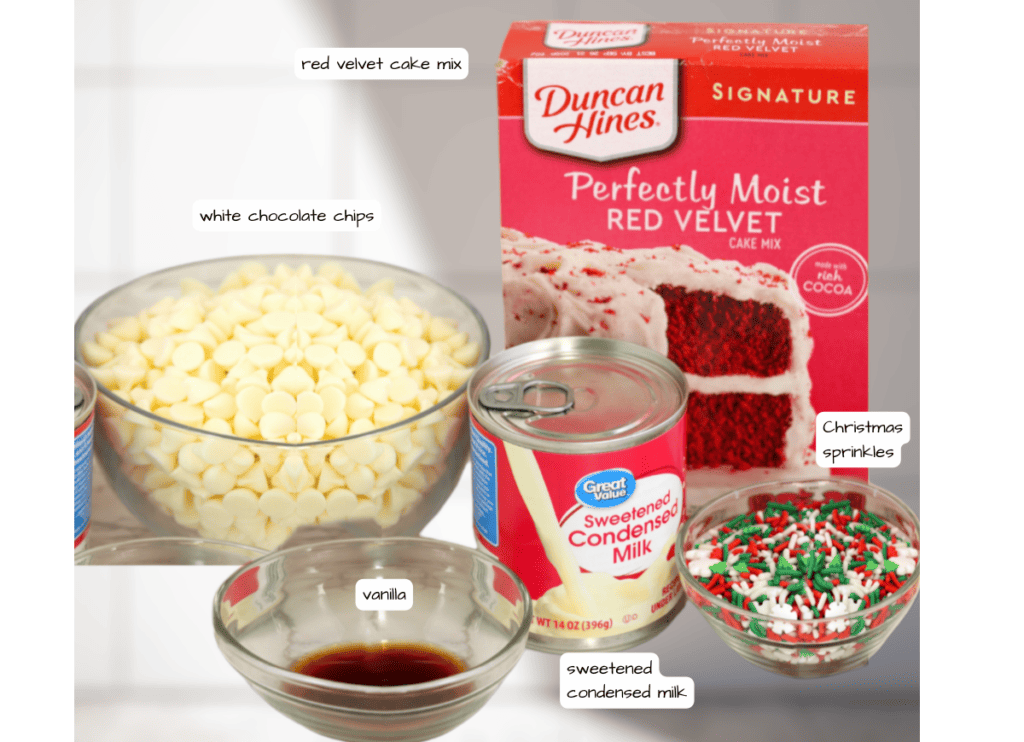 The ingredients for a red velvet cake.