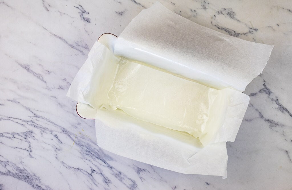 Lined and sprayed loaf pan.