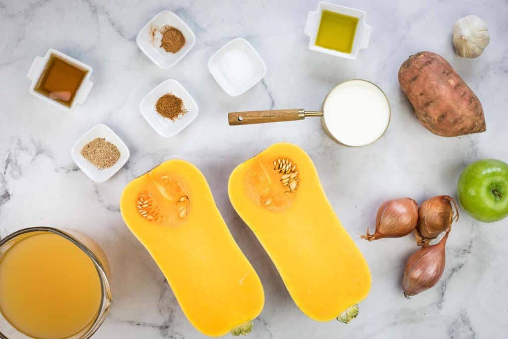 Ingredients for a butternut squash soup.
