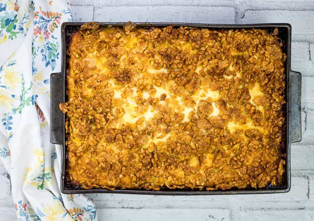 Cheesy Cuban Sandwich Casserole in a baking dish.
