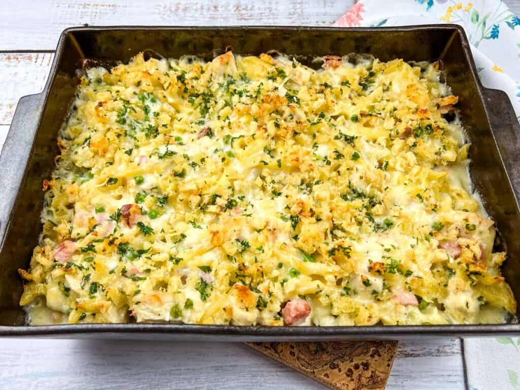 Chicken Cordon Bleu Casserole in a baking dish.