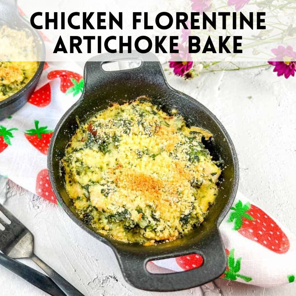 Chicken Florentine artichoke bake in a cast iron skillet.