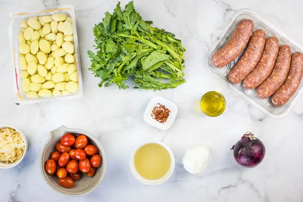 The ingredients for Gnocchi with Sausage & Broccoli Rabe.