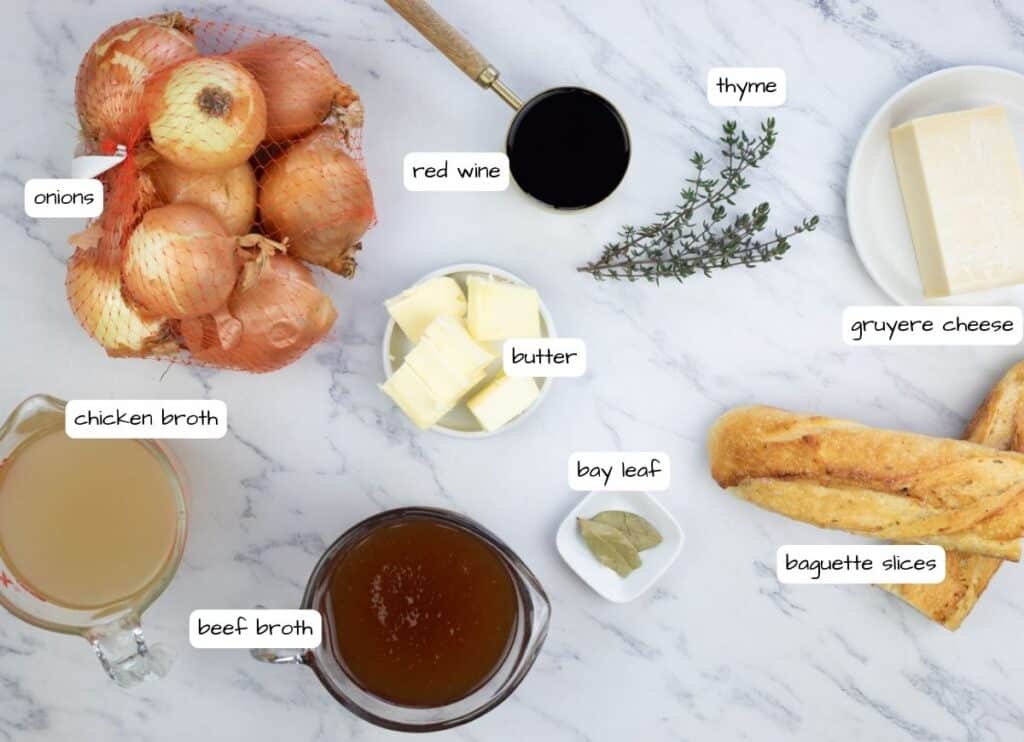 The ingredients for a recipe for french onion soup.