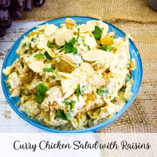 A bowl of chicken salad with raisins.