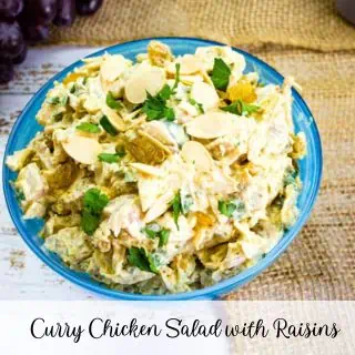 A bowl of chicken salad with raisins.