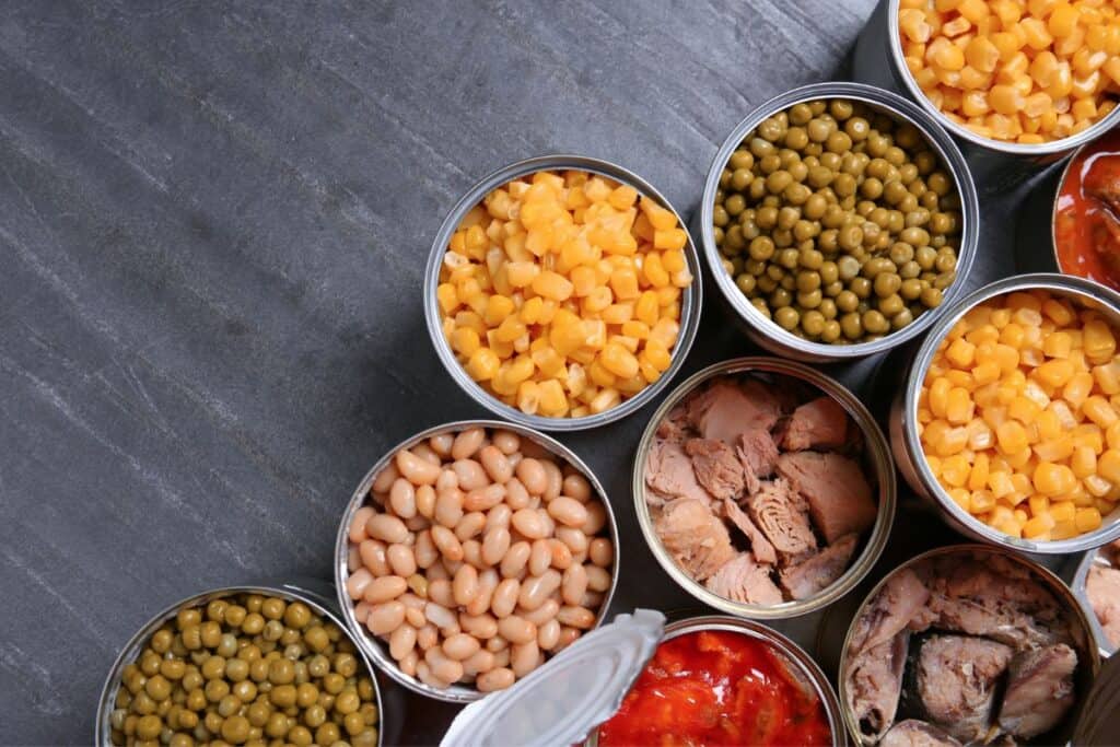 A group of cans of food.