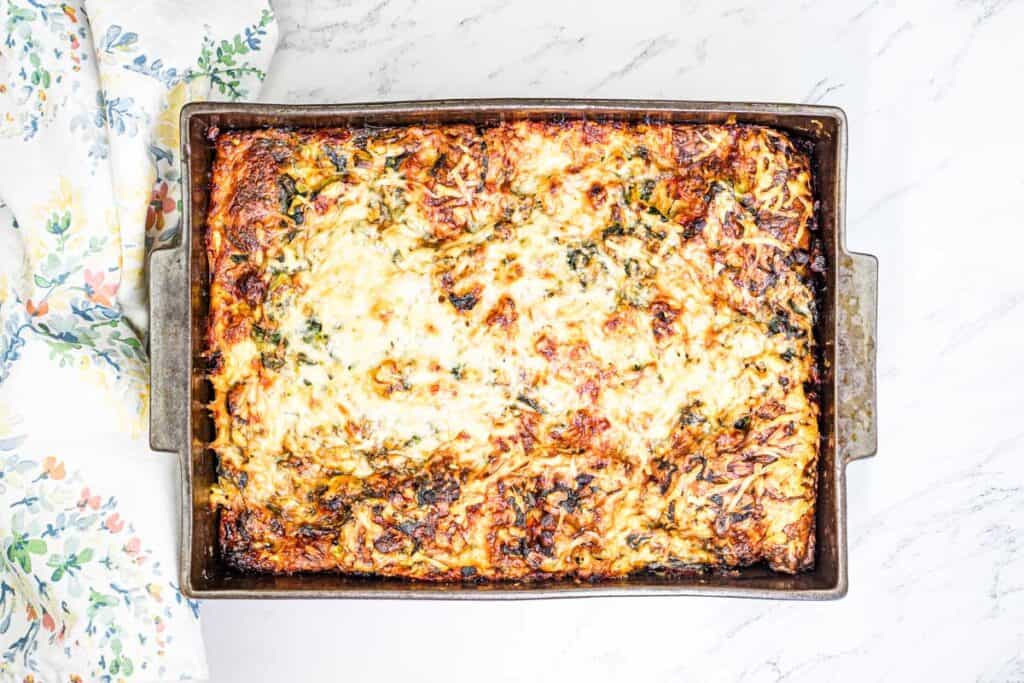Croissant Breakfast Casserole in a baking dish.