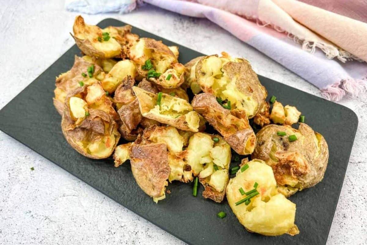 Air Fryer Smashed Potatoes on a platter.