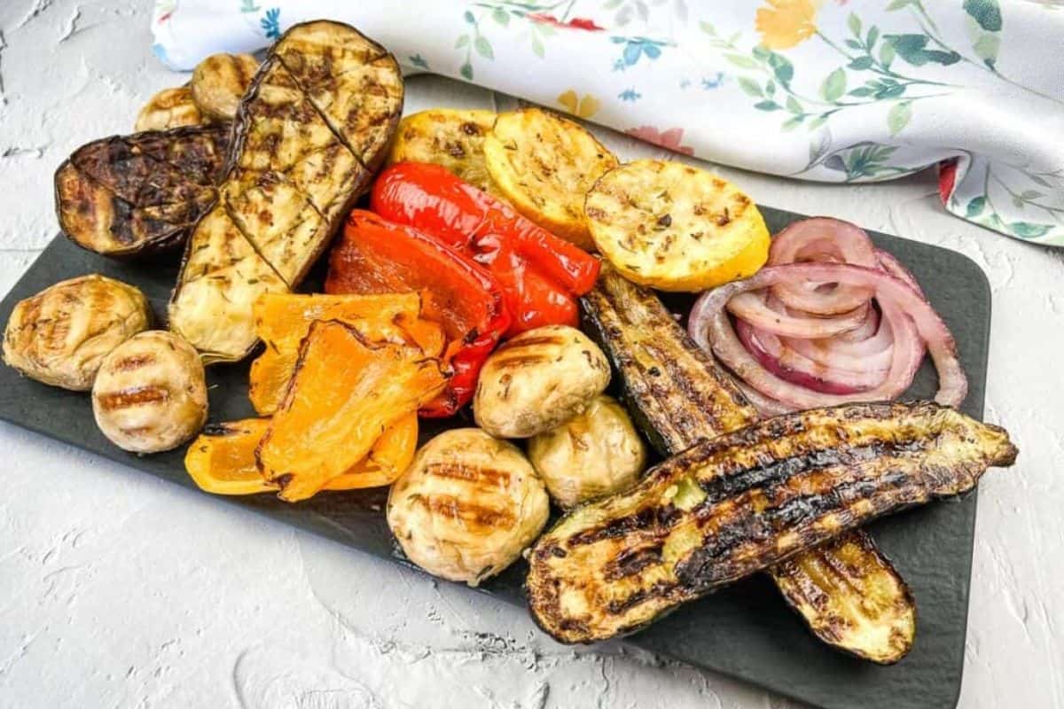 A variety of grilled vegetables on a platter.