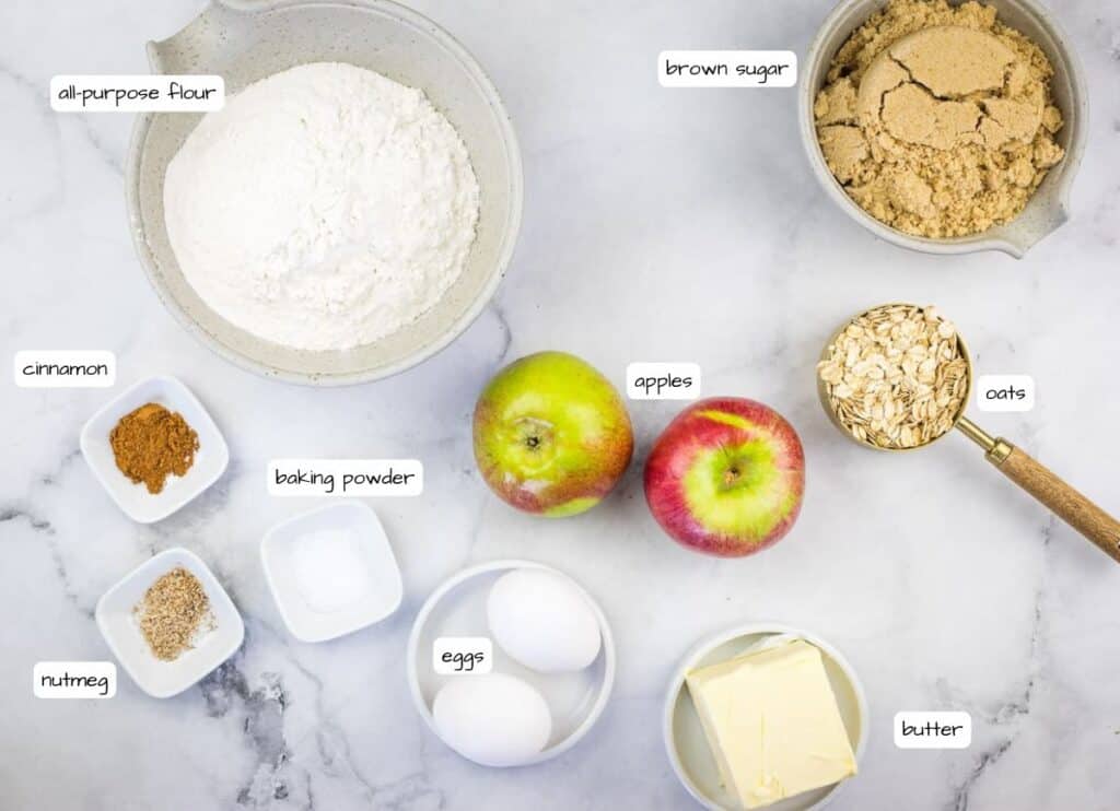 Brown butter apple blondies ingredients with labels.